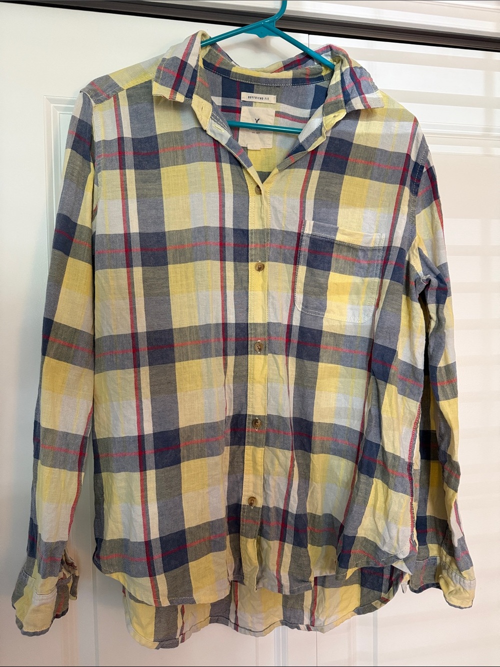American Eagle Outfitters Yellow and Blue Plaid Button-Down Shirt